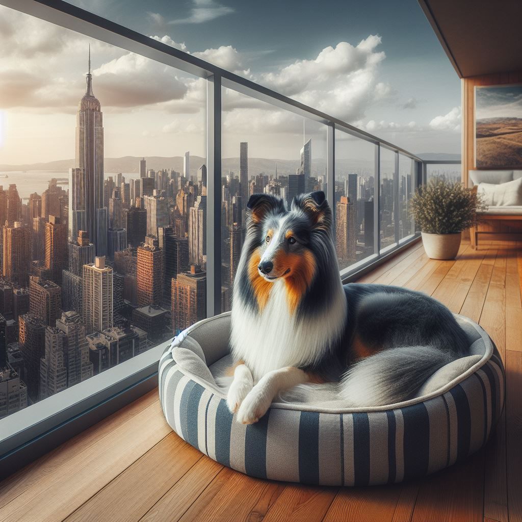 A blue merle rough collie on a balcony in her basket