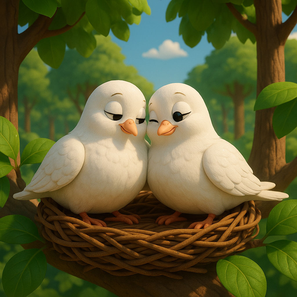 "Start with a gentle sunrise over a forest. Slowly zoom in to the top of a large tree where a pair of white pigeons (male and female) sit lo...