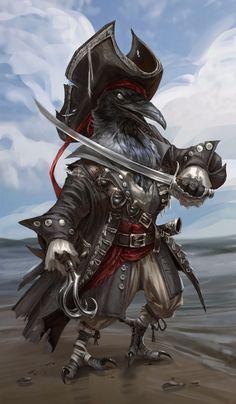 Kenku character, small height, high quality, shield, one-handed, sailor, 