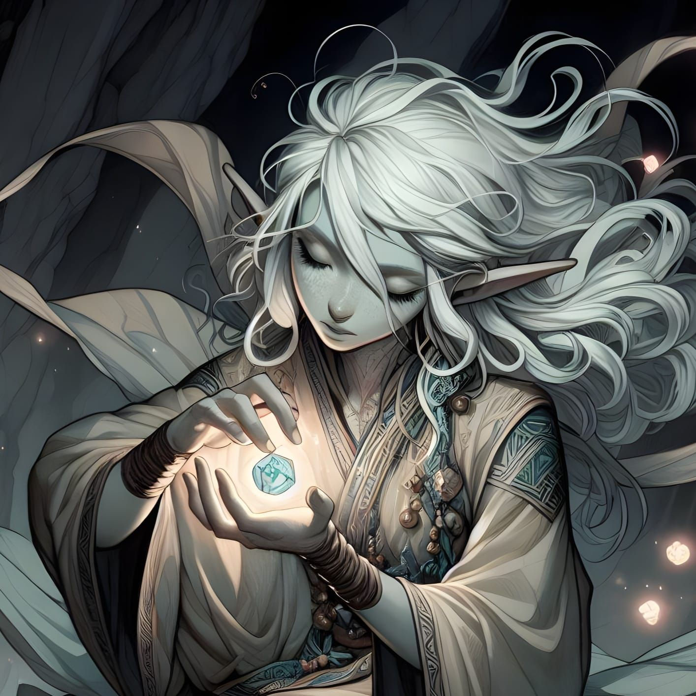 svirfneblin with opalescent skin with wire patterns traced like tattoos, her robes are illuminated from within by bioluminescence, she is in... - Start Image 2