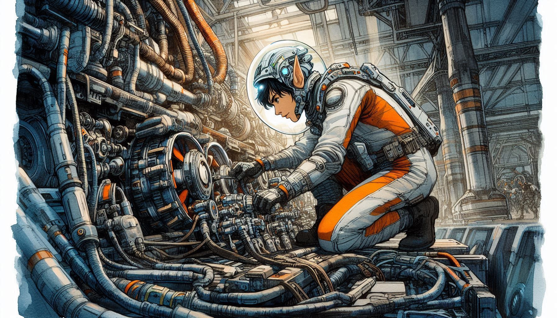 apply a green filter with light from above and track lighting in eerie greenish yellow. This image is a digital illustration of a stylized c... - Start Image 1