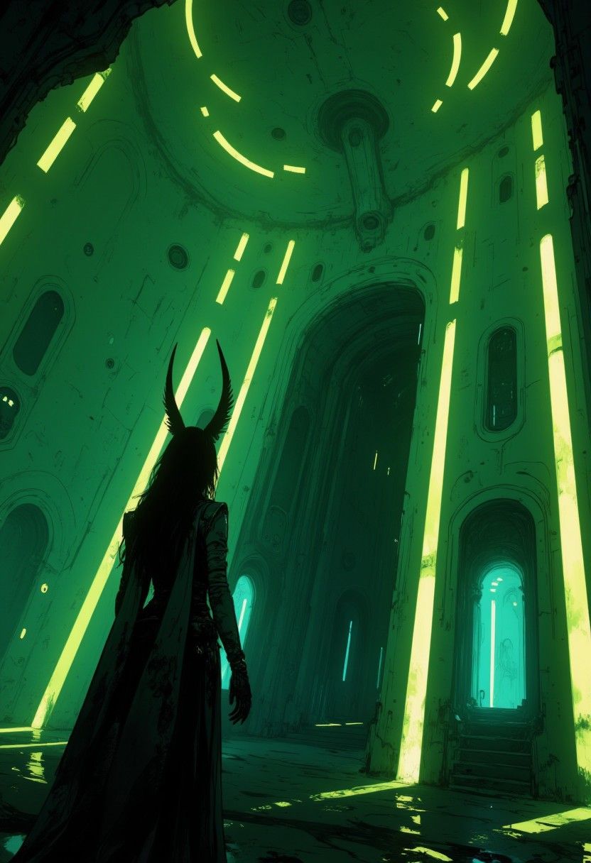 apply a green filter with light from above and track lighting in eerie greenish yellow. This image is a digital illustration of a stylized c... - Start Image 2