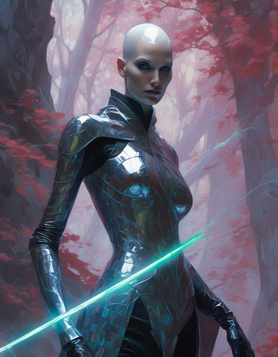 sci-fi illustration of Asajj Ventress as rogue, polycarbonate resin saber, movement, flair, correct anatomy, defined form, intense red elect... - Start Image 1