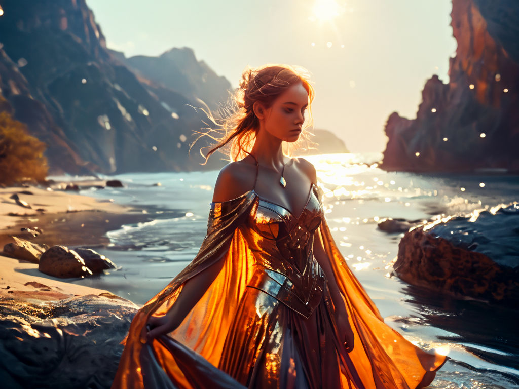 A dolly-in shot of a seaside princess admiring herself in her coppery gown, sunset light, golden hour, the background gr...