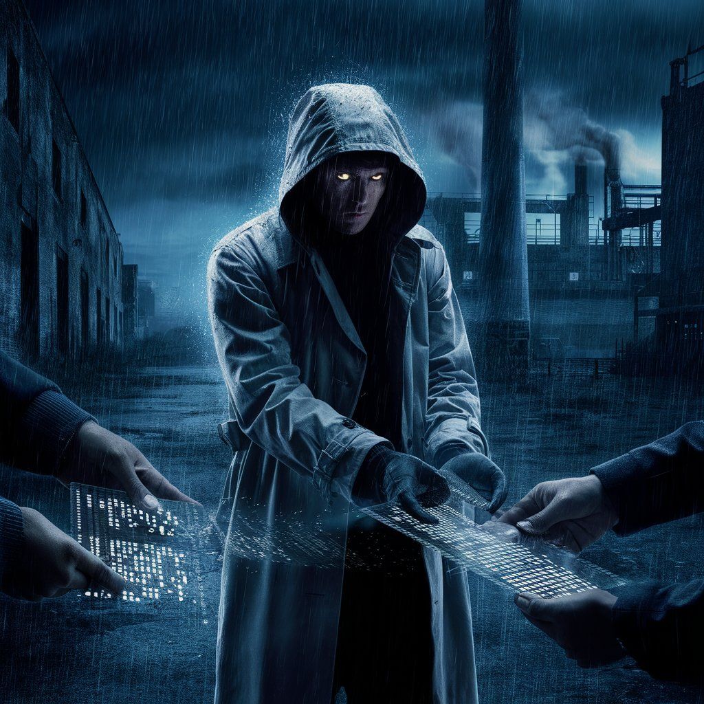 A fixer, shrouded in the darkness of a stormy night, conducts a clandestine operation in a deserted industrial district. 