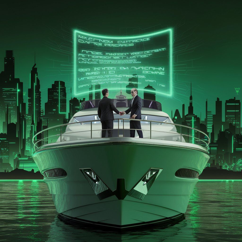 Observation deck, yacht, panoramic view, sprawling cyberpunk metropolis.
