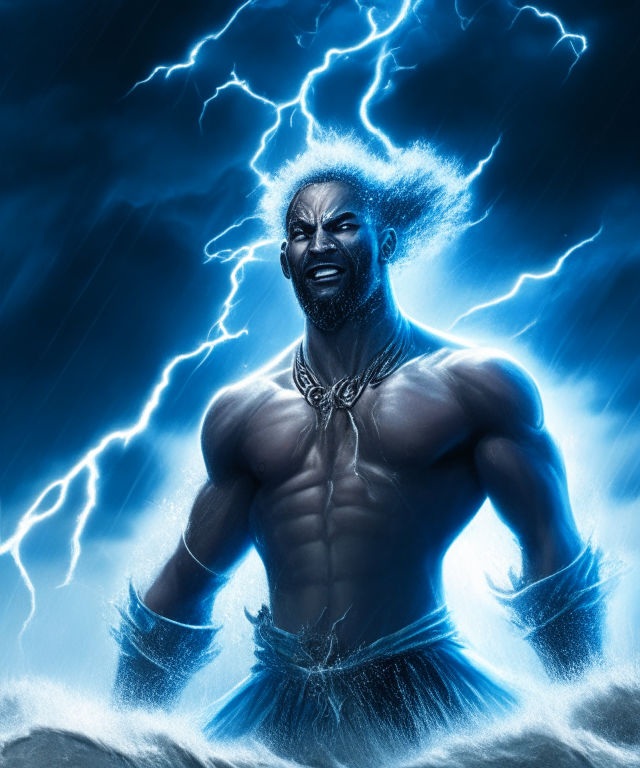 Giant Melanesian Storm God, Giant God of Thunder and the Sea, Electric Hair, Electric Beard, Giant standing in Sea, Electrified Eyes, White...