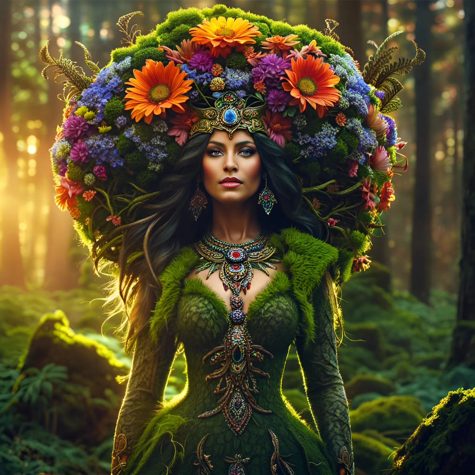 Melanesian Queen of the Forest, Flower Crown, Beautiful Melanesian Women, Moss Cover Dress, Mossy Dress, Overgrowth on Dress, Royal Regal Sm...