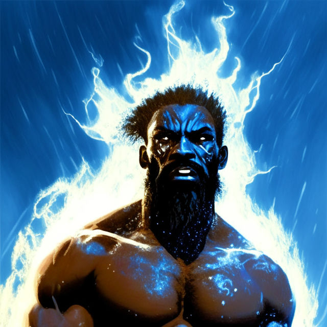 Giant Melanesian Storm God, Giant God of Thunder and the Sea, Electric Hair, Electric Beard, Giant standing in Sea, Electrified Eyes, White...