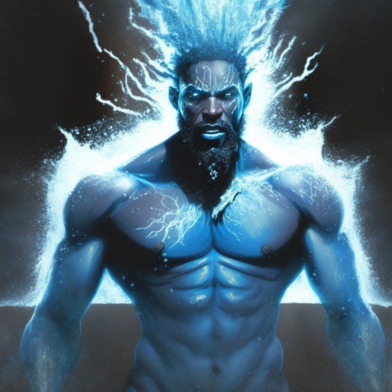 Giant Melanesian Storm God, Giant God of Thunder and the Sea, Electric Hair, Electric Beard, Giant standing in Sea, Electrified Eyes, White...