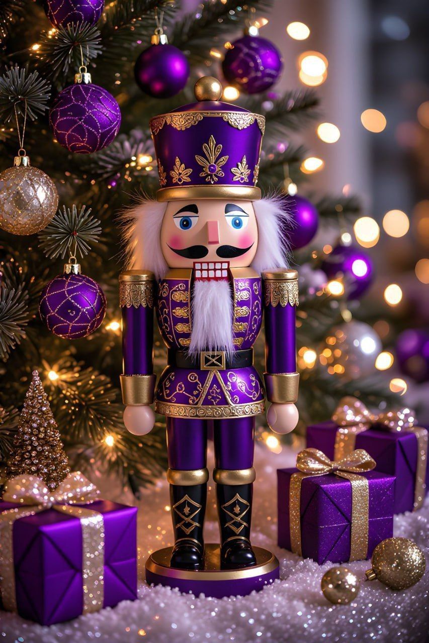 draw the Nutcracker in a purple jacket with New Year's patterns of snowflake crystals embroidered in gold. The Nutcracker's saber hangs on h...
