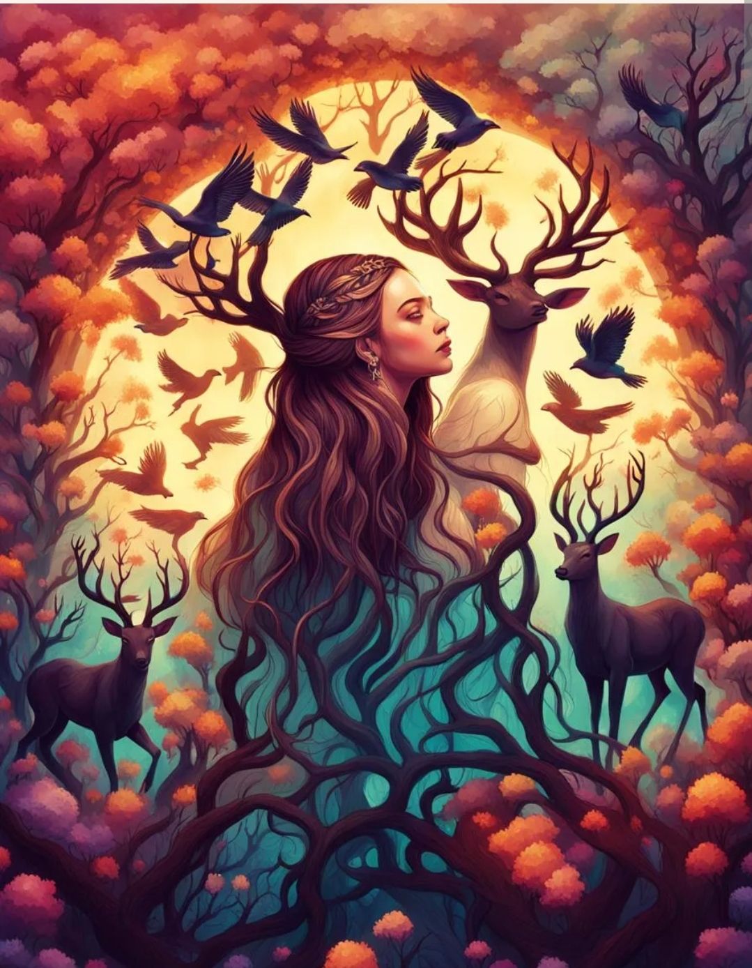 Circular image in the form of a logo, of a pagan woman with flowering roots, and birds and deer around her.

With the text: La Femme des Rac...