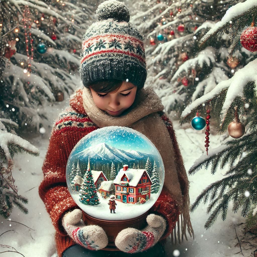 DANs un parc enneigé, entouré de sapin sous la neige, un petit CHAT en habit de Noel, tient un globe de Noel dans ses pattes à coté du globe...