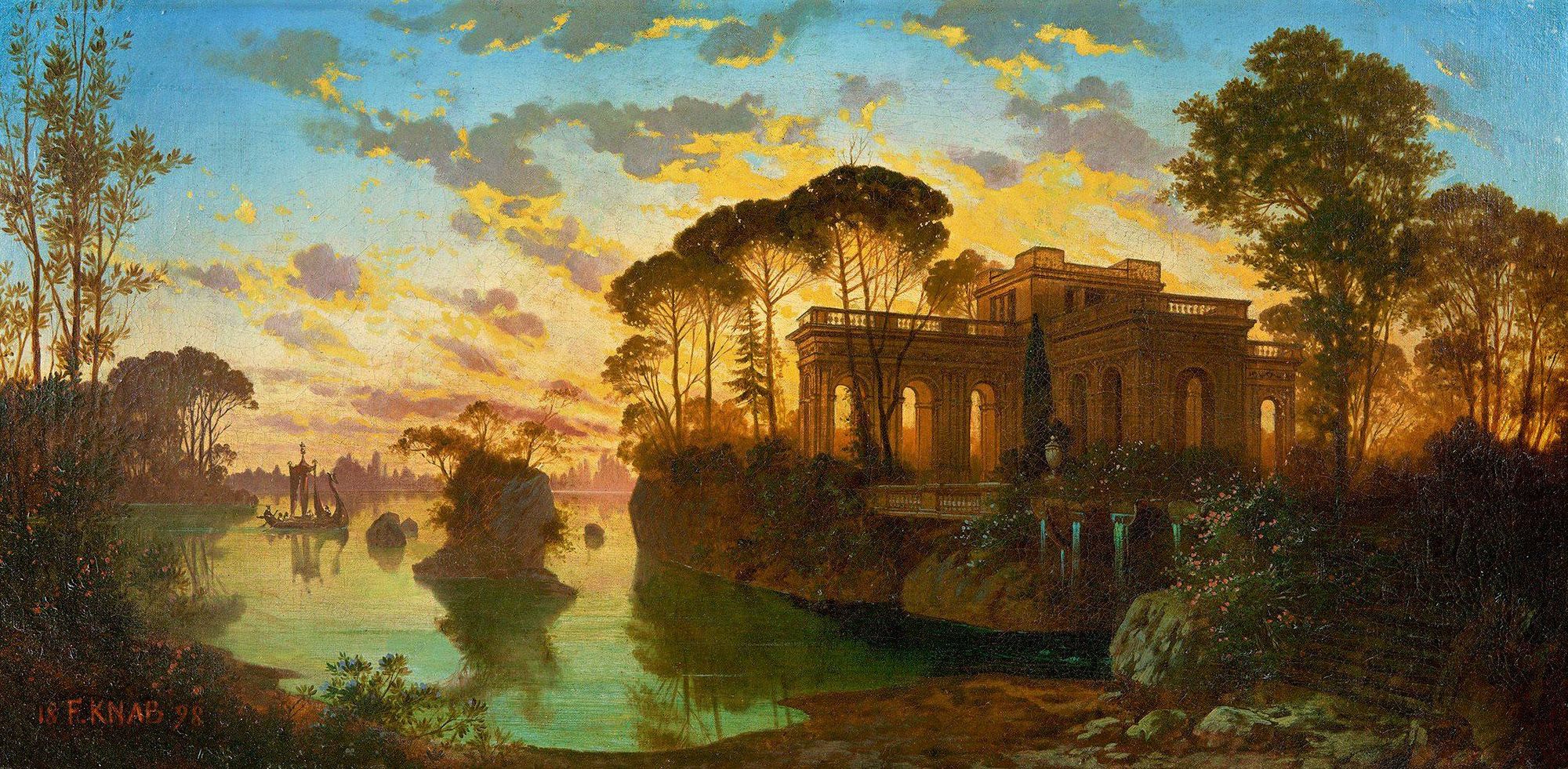 A Ferdinand Knab landscape in the evening with beautiful clouds, volumetric lighting and colorful trees.  Done in 32K detail