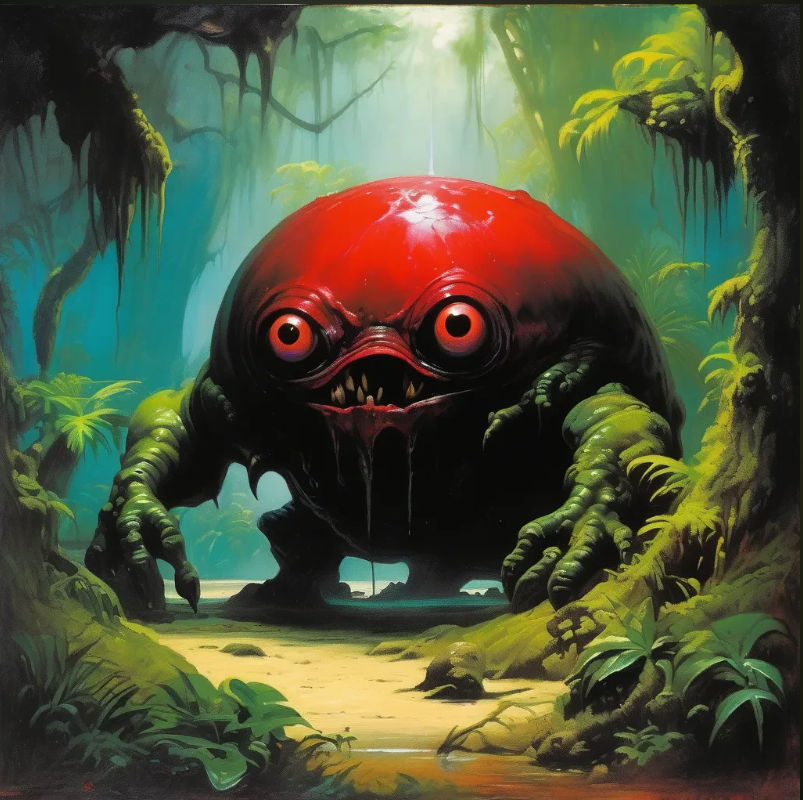A creepy globular monster blocking a jungle trail