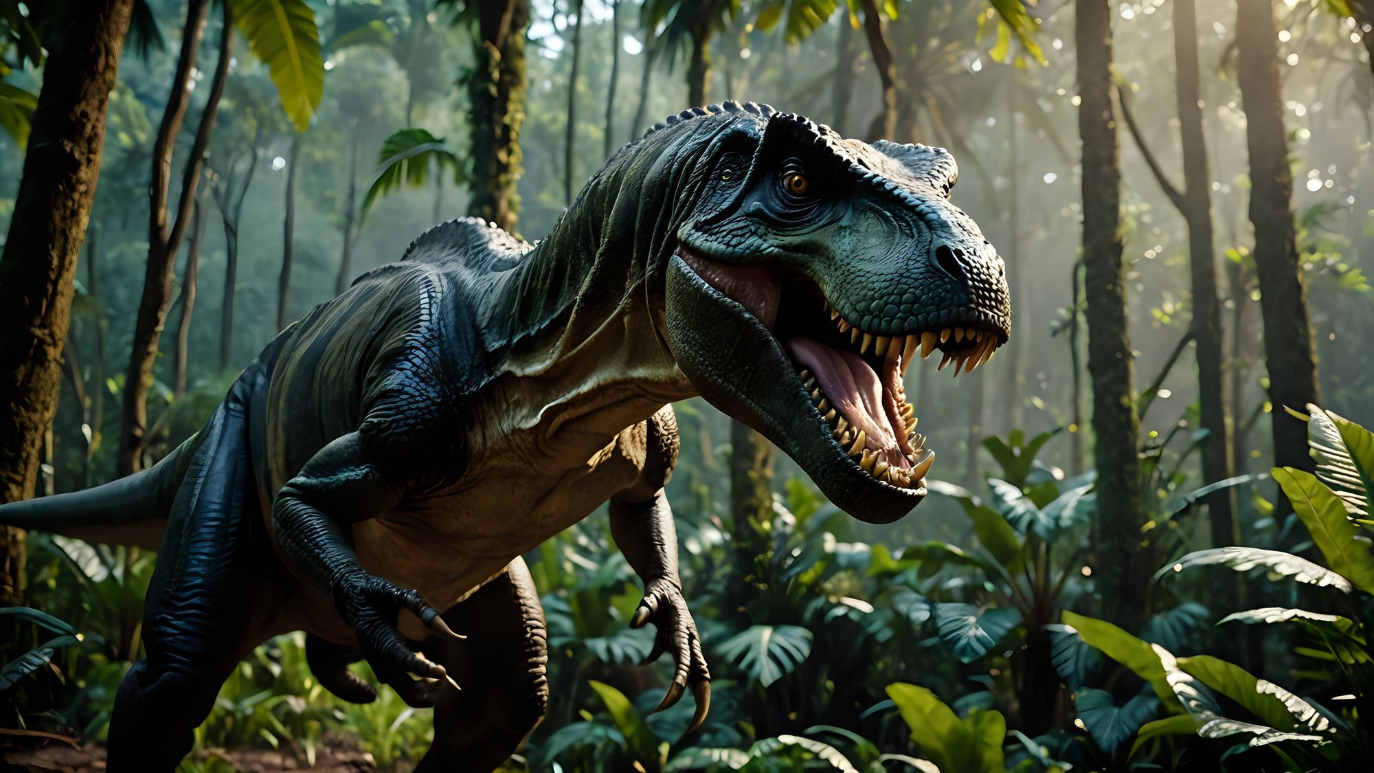  A Tyrannosaurus Rex, wearing tattered foliage as camouflage, stands fiercely in a dense, vibrant jungle, letting out a powerful, aggressive...