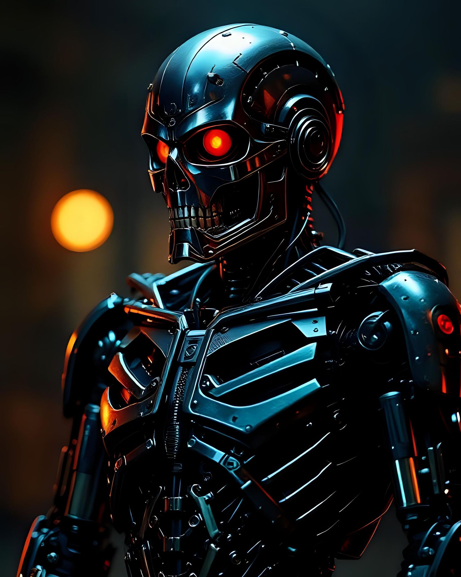 A highly detailed, close-up view of a futuristic robot. The robot is positioned in the center of the image, its body and head filling most o...