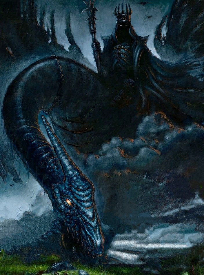 Black winged drake. The drake has a leech's mouth. It being ridden by cloaked figure in an iron crown. action painting ominous fantasy.