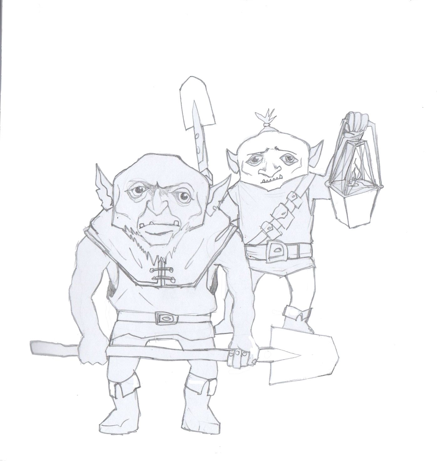 Two goblins standing in a dark mine shaft. The older goblin in the foreground is holding a shovel and had a beard. The younger goblin in the...