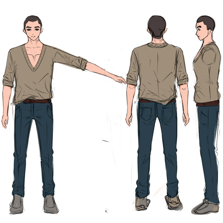 an anime character sheet illustration of a handsome young man, Without hair, wearing pajama, barefoot, ideal for creating a 3D model in Blen...