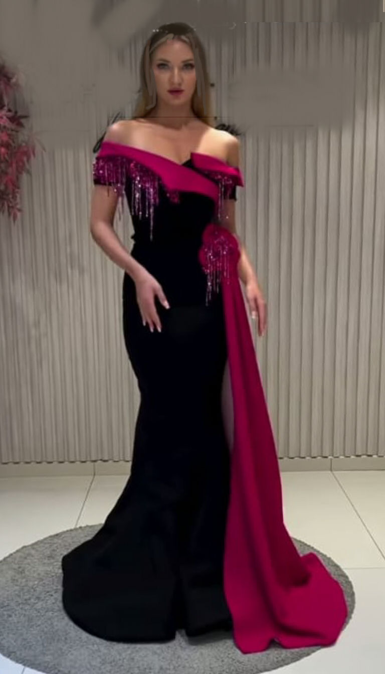 illustration design for Evening gown, black and fuchsia color scheme, off-shoulder neckline, sequined fringe details, mermaid silhouette, si...