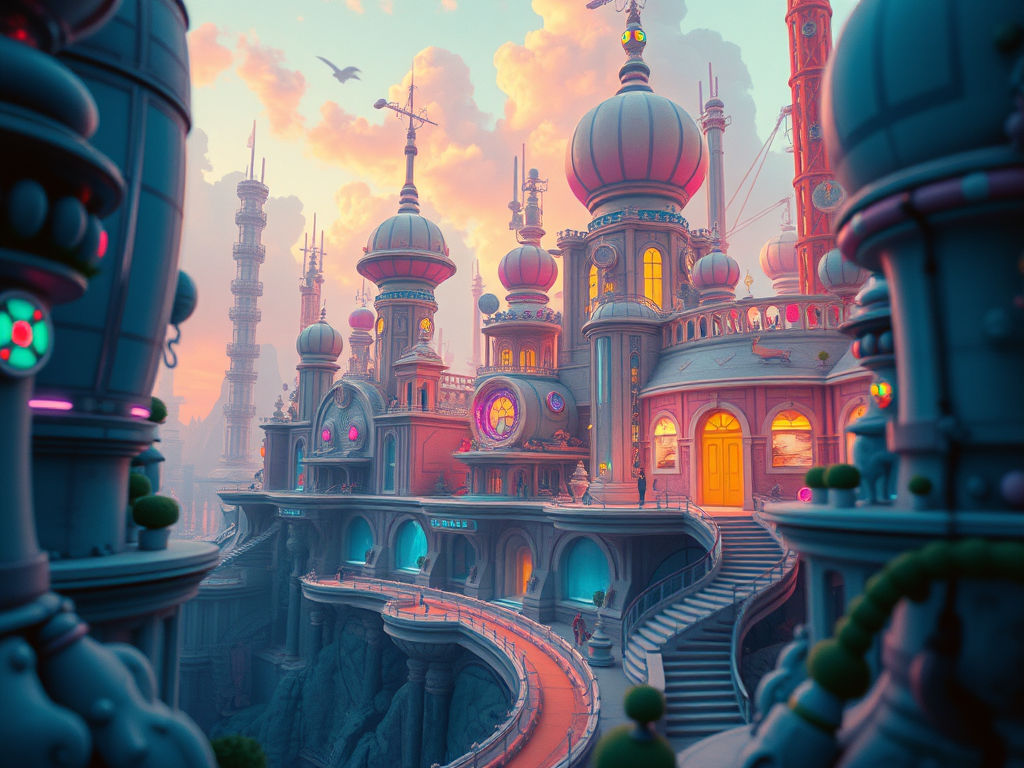 Art Metaverse café. Neon highlights and holographic screens. Colours orange, blu, seawater. The design uses strong contrasts, with organic c...