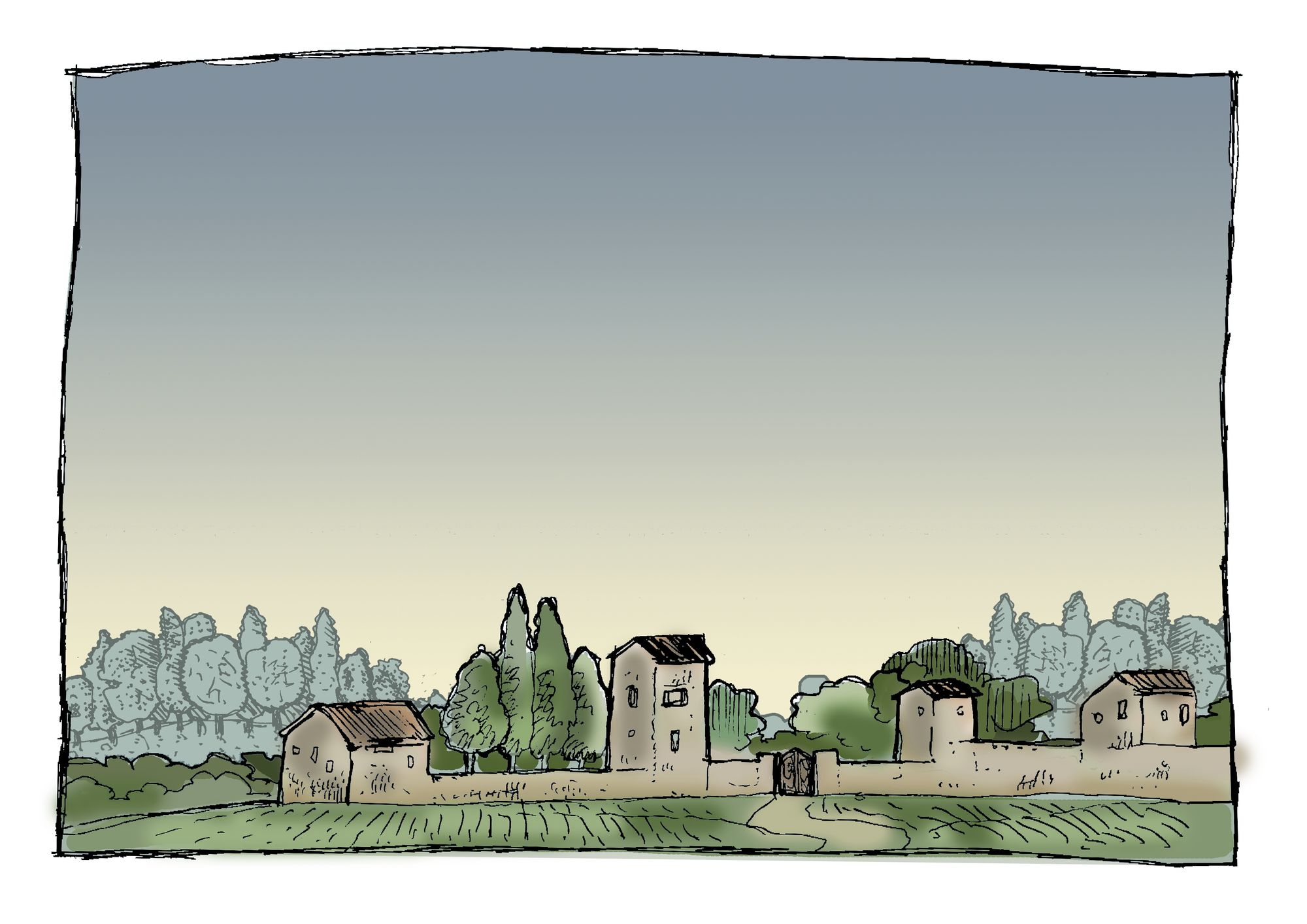 tuscany landascape with a few houses connected by a wall done by stones like the houses....realistic image taken during the afternoon at the...