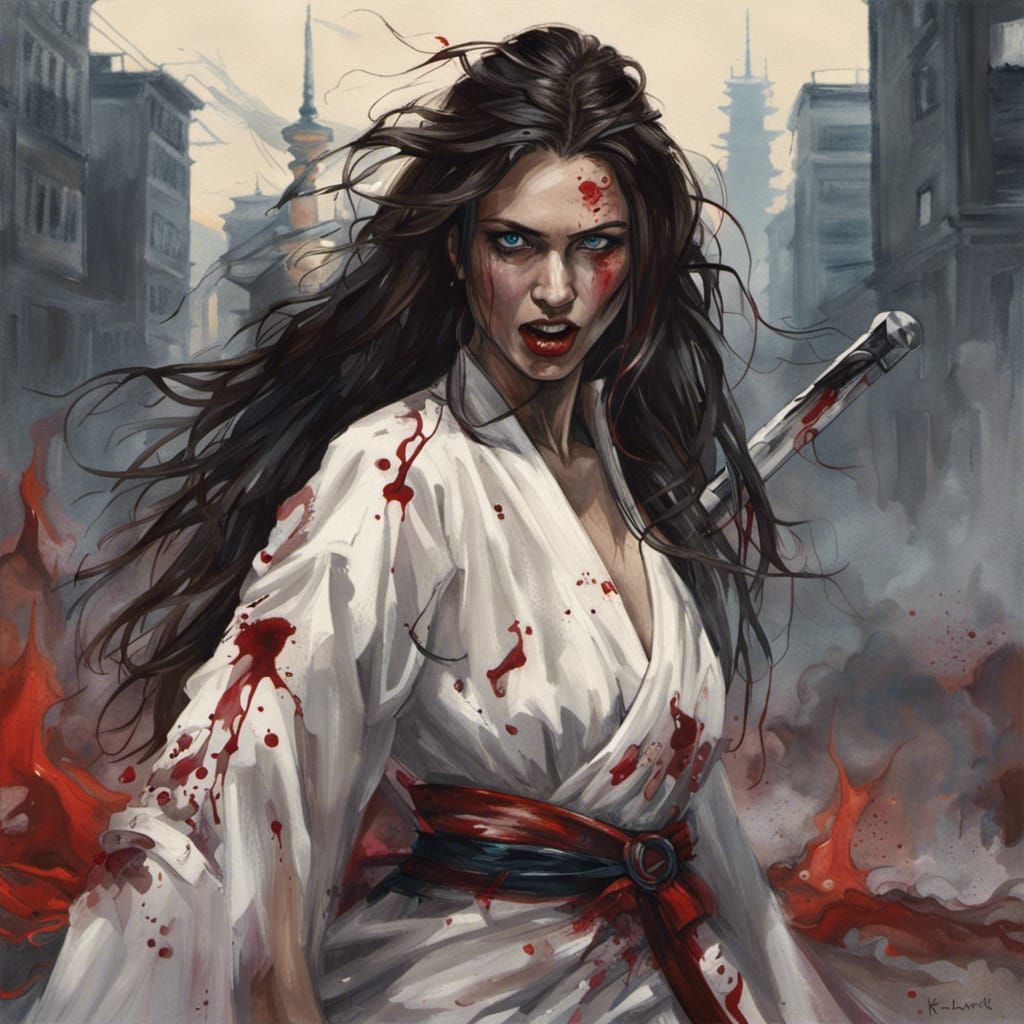 caucassian women. blood. samurai sword. angry. masterpiece, 8k resolution, dark fantasy concept art, by Greg Rutkowski, dynamic lighting, h...