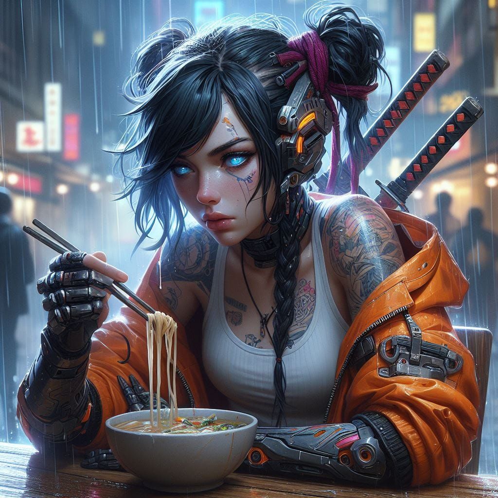 female street samurai eating noodles at a street stand in shadowrun world