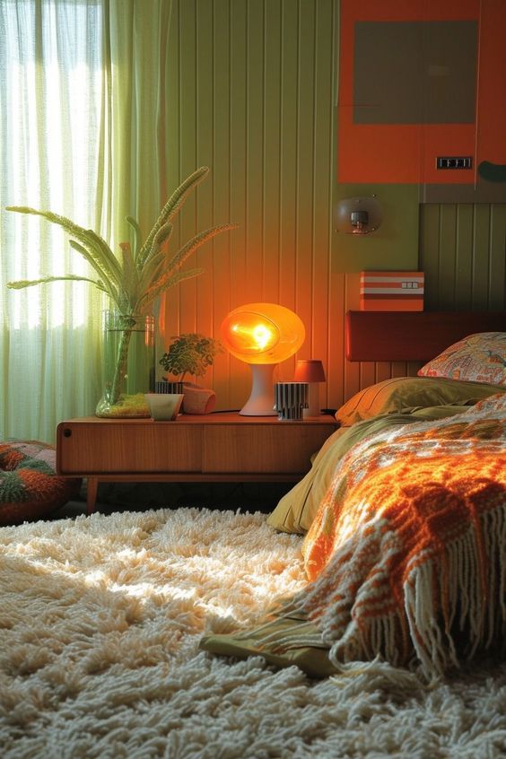 A cozy bedroom with a warm orange bedside lamp that adds a pleasant ambiance to the space, featuring half of the bed visible in the image.