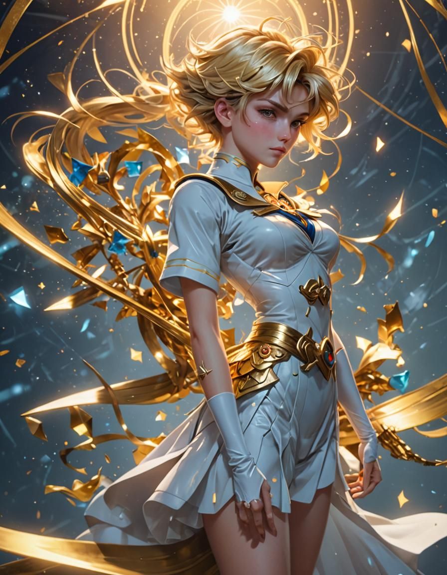 Sailor Moon in silver armor and golden wings