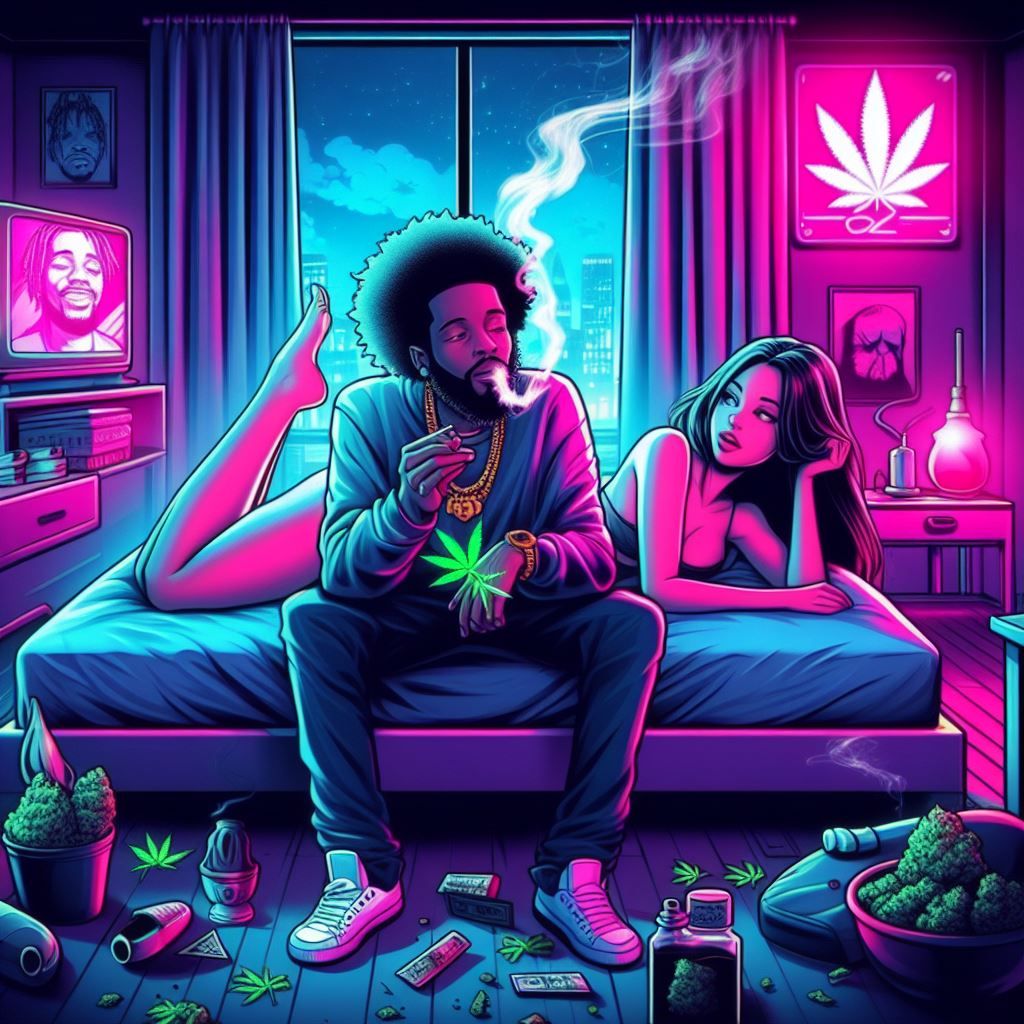 cartoon cover art, a stoner rapper sitting on the bed smoking, and a beautiful woman lying on the bed looking like she's in love, a room wit...