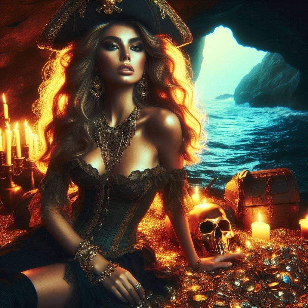 pirate tattooed girl, raven on her arm, beautiful, smiling, white teeth pink dress with flowers Professional photography, bokeh, natural lig...