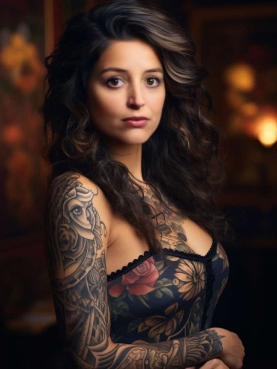hot girl tattooed with ravens tattoo green eyes big bobs, pirates,pirate hat,red color 