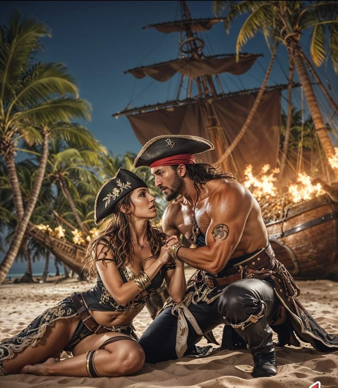 pirate tattooed girl,beautiful, smiling, white teeth,with flowers Professional photography, bokeh, natural lighting, canon lens, shot on dsl...