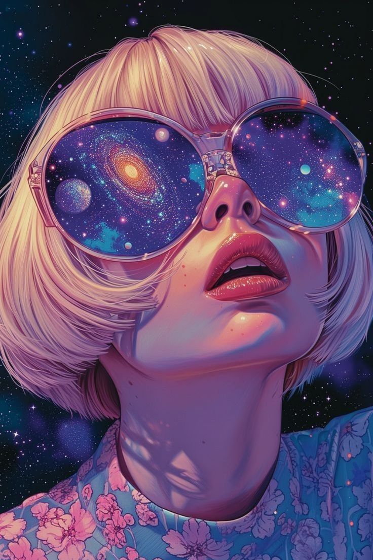 A blonde woman wearing glasses reflecting the universe, high resolution image, semi realistic, 8k