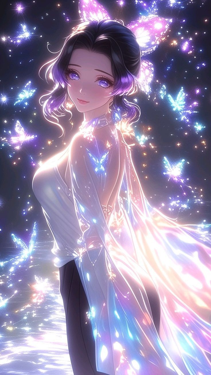 sparkly and luminous colored image of a anime girl with magical butterflies 