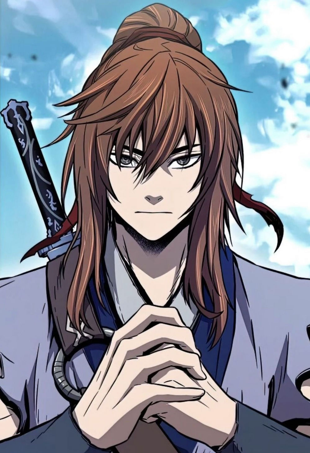 A warrior with long reddish-brown hair tied in a topknot, wearing traditional martial arts attire, holds his hands in focus with a sword on...