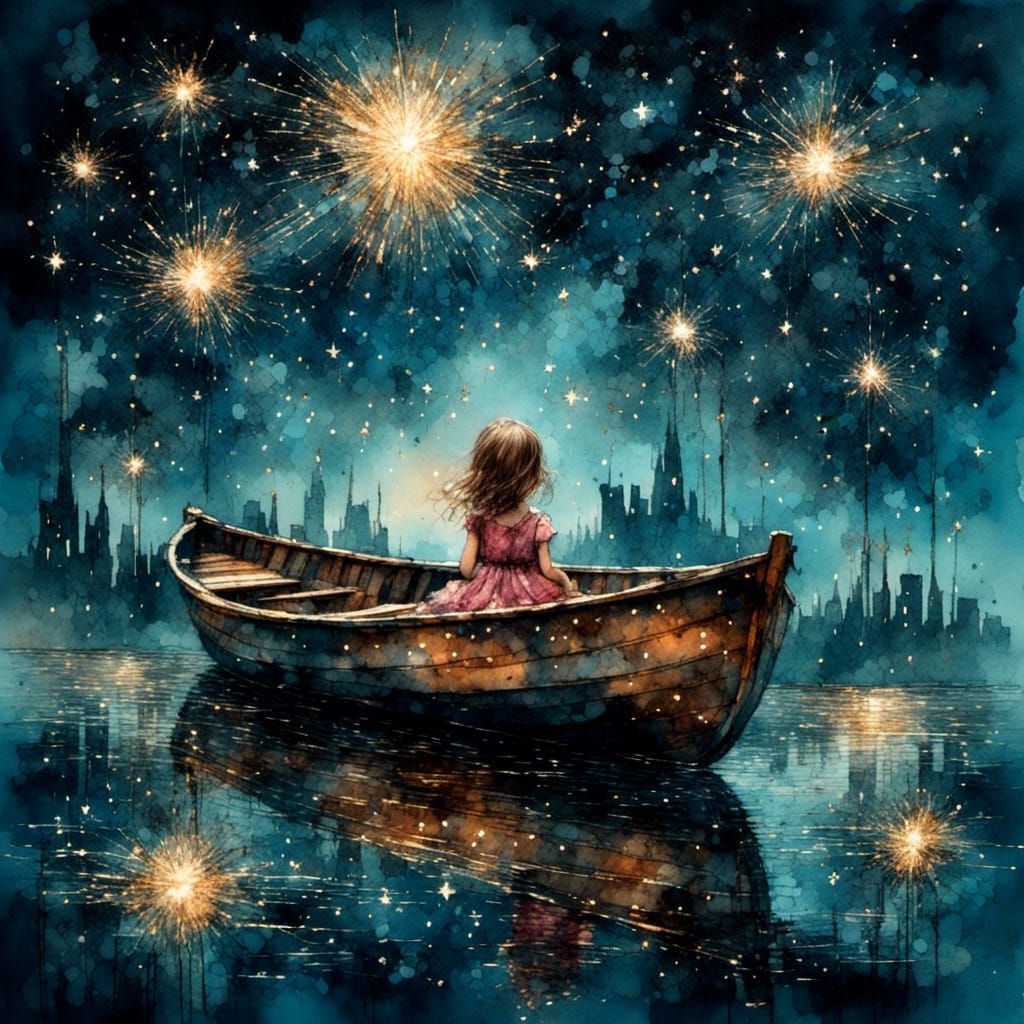 girl seated on boat watching beautiful ram mandir Ayodhya , painting style 