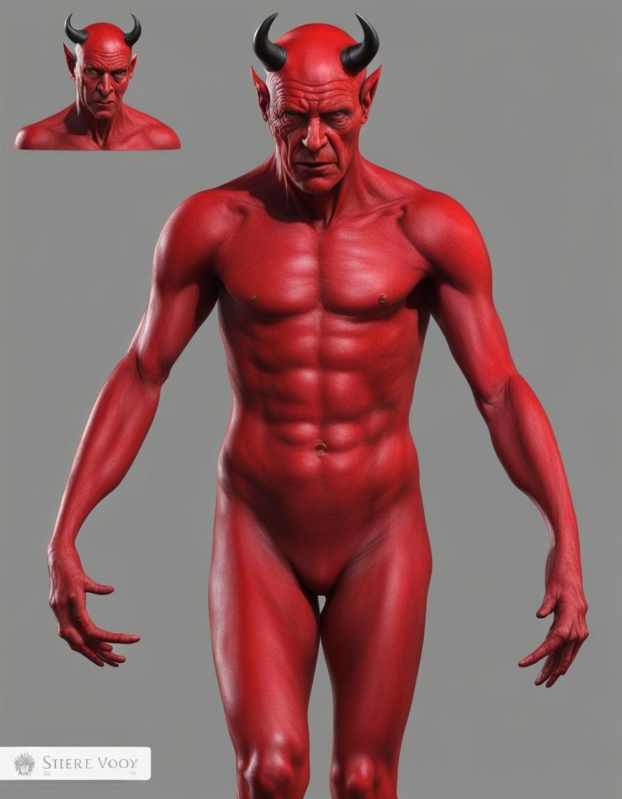 Red devil, photorealistic, whole body, money on hands, bald, big horns, white background