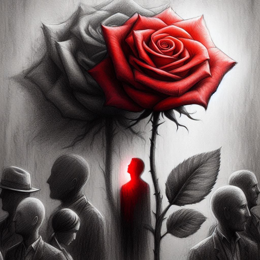 A Red Rose stand out  as emotions in against graphite grayscale  of forced  identity