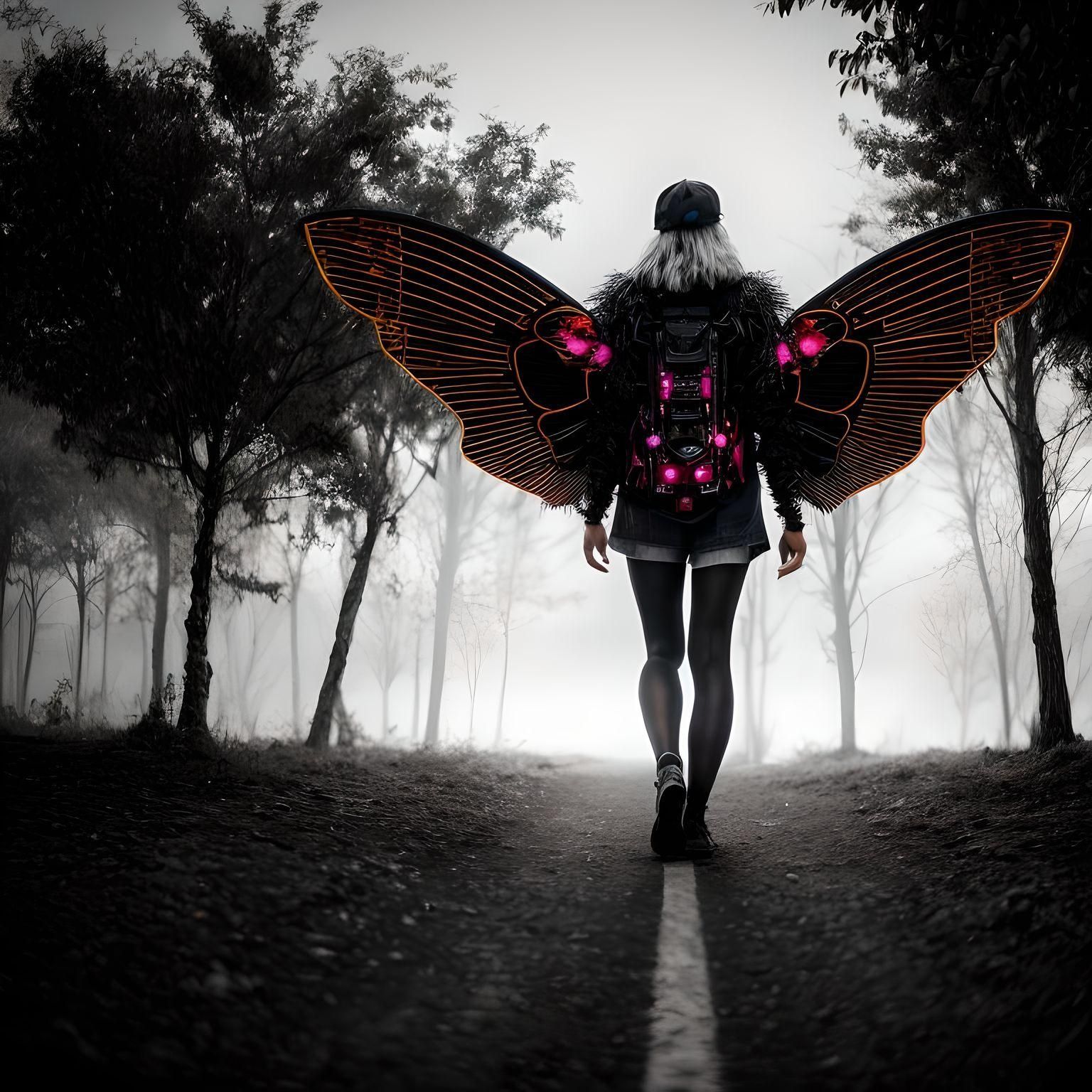 Life is flying on broken wings Abstract expressionism. Close up. A human form with broken wings grounded in a stark, moonlit landscape. Low-...