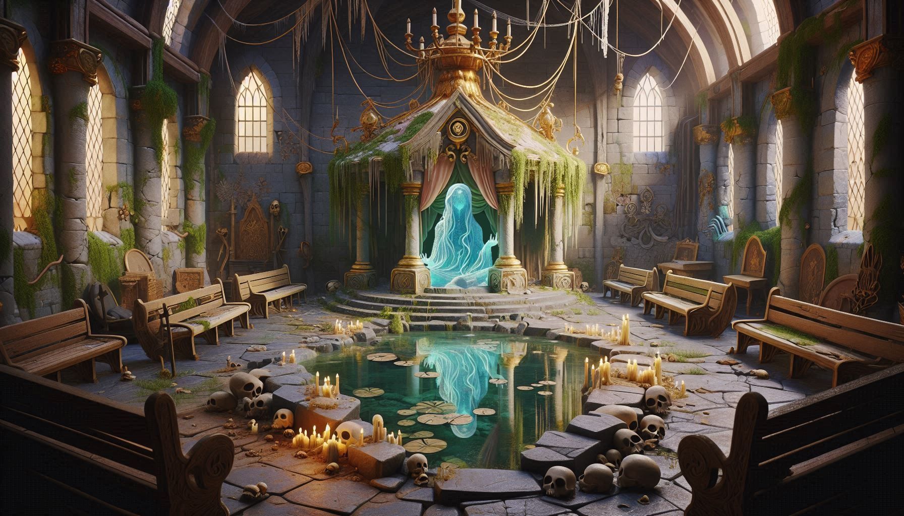 2D Disney style inside of a very old small abandoned temple with an artificial pool of dirty swamp water in the middle, benches around it, c...