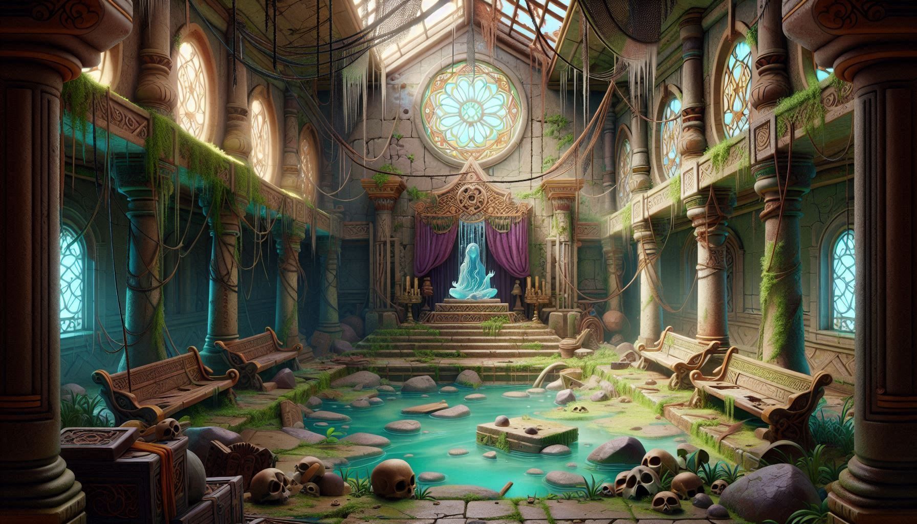 2D Disney style inside of a very old small abandoned temple with an artificial pool of dirty swamp water in the middle, benches around it, c...