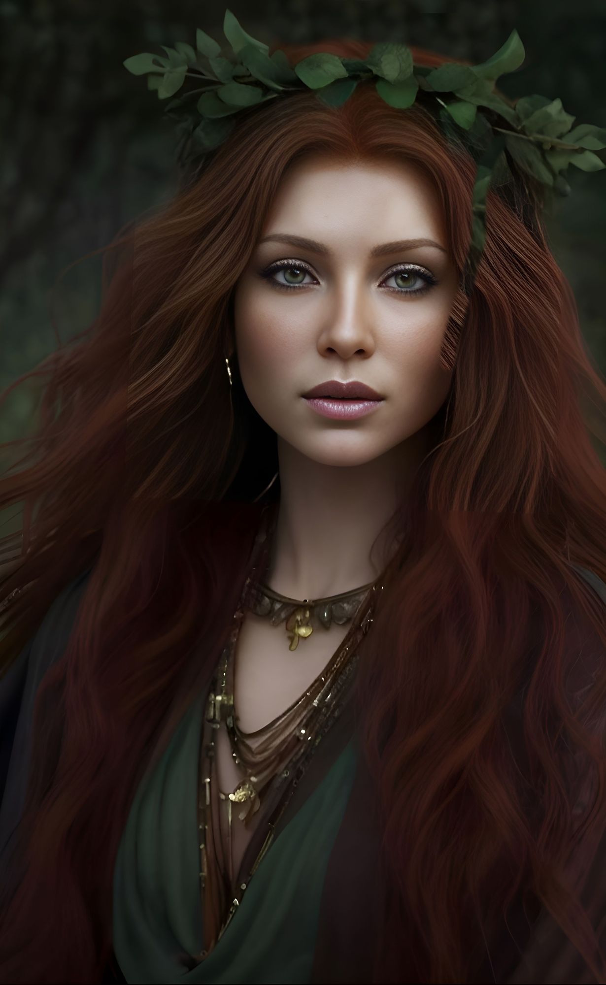 Photorealistic Beautiful dark Auburn haired forest goddess with ...