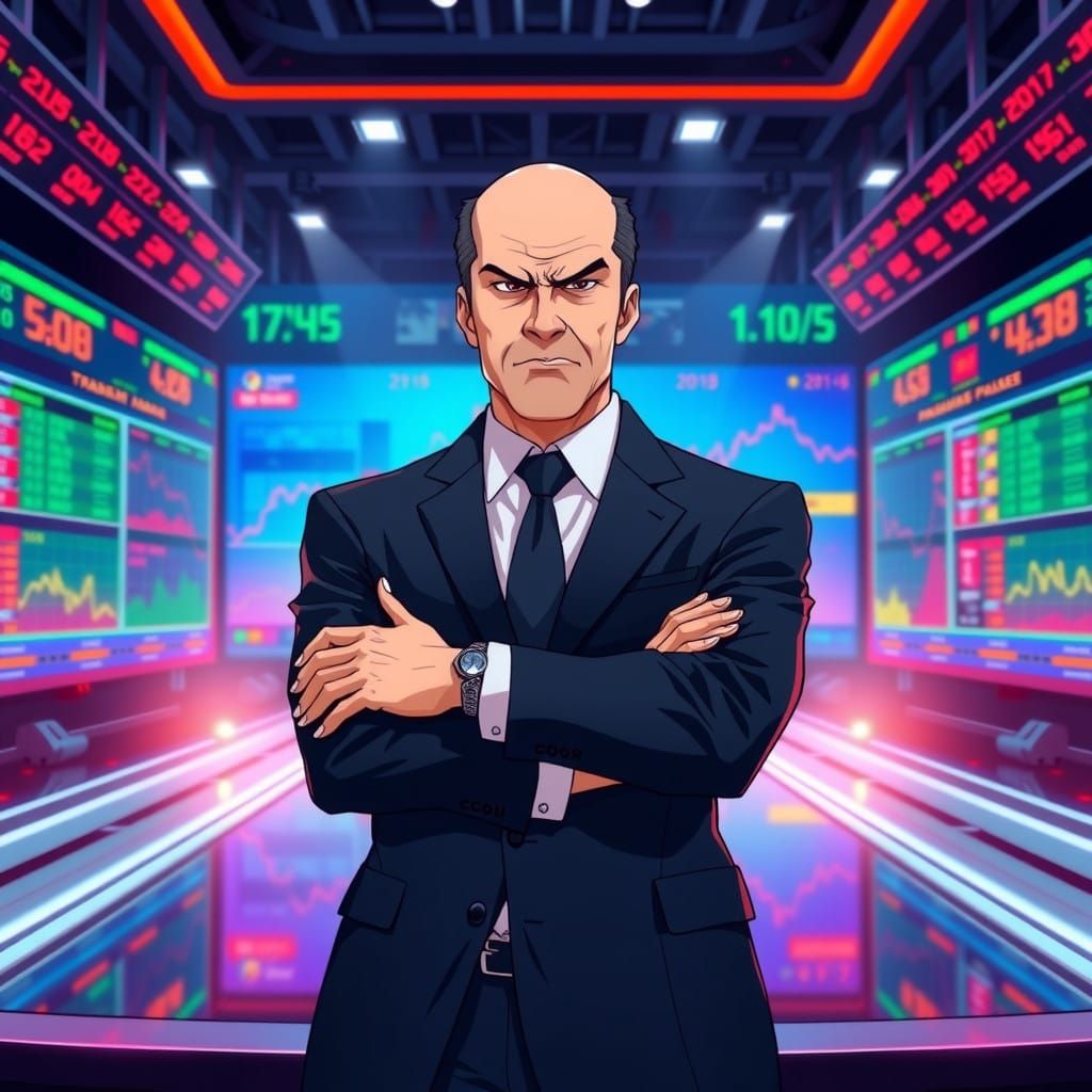 stockmarket
man in his 50’s, bald, with sideburns, wearing A well-dressed suit with a black tie, standing on a stage, he has an annoyed expr...