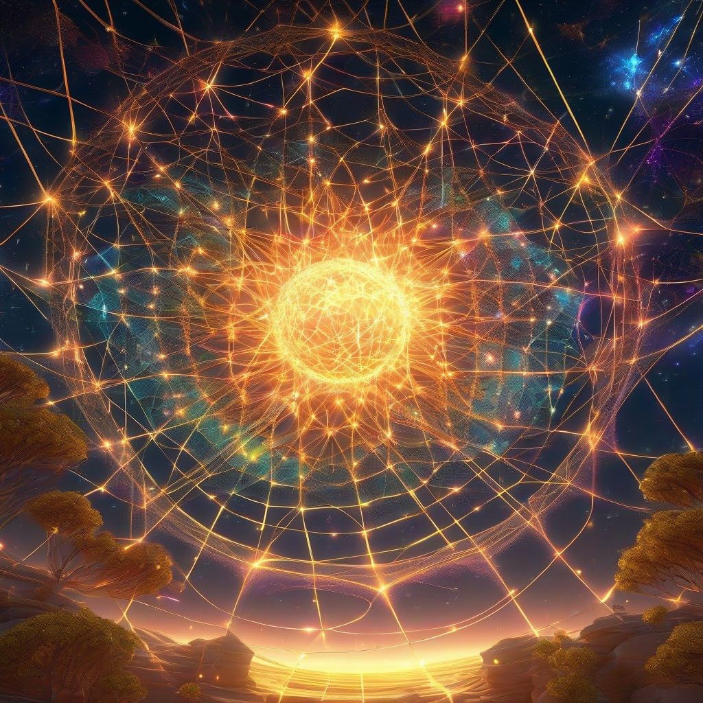 A fractal web visualizing "string theory," where the universe is made up of vibrating strings of energy that weave together in complex patterns to create a symphony on a cosmic scale.