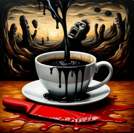 A surreal painting inspired by David Lynch depicting a cup of coffee with a stream of black liquid escaping, forming the silhouette of a fac...