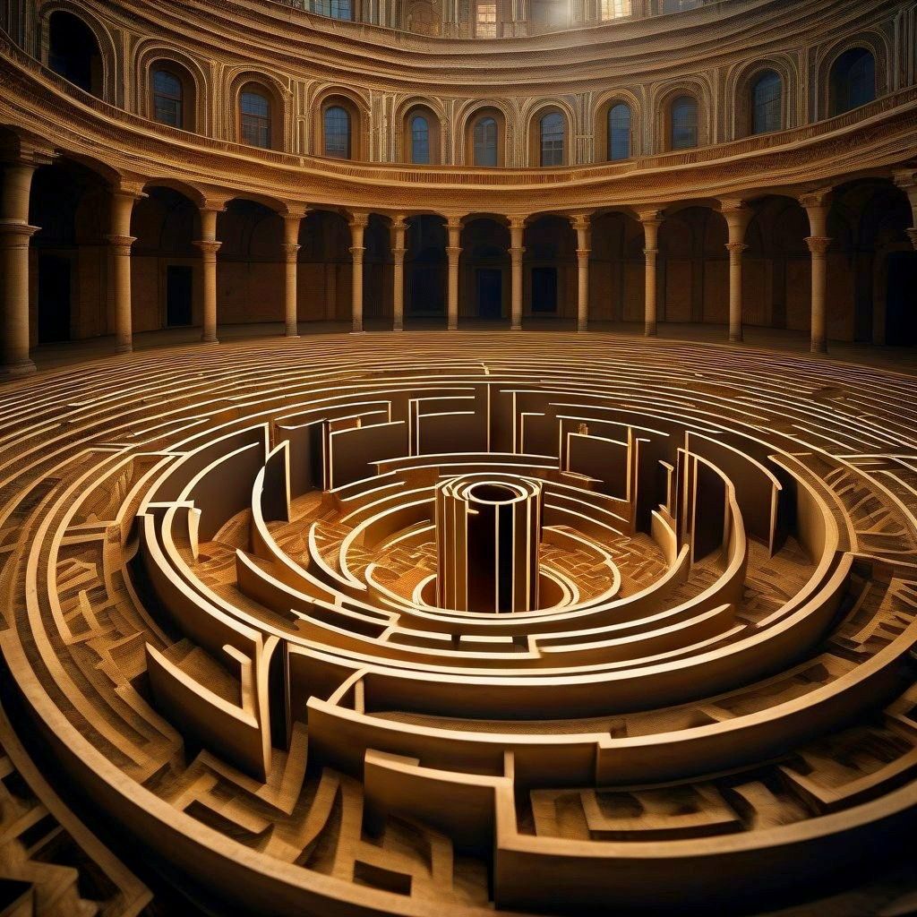 Fractal labyrinths symbolizing the search for truth, in the style of Giorgio de Chirico.