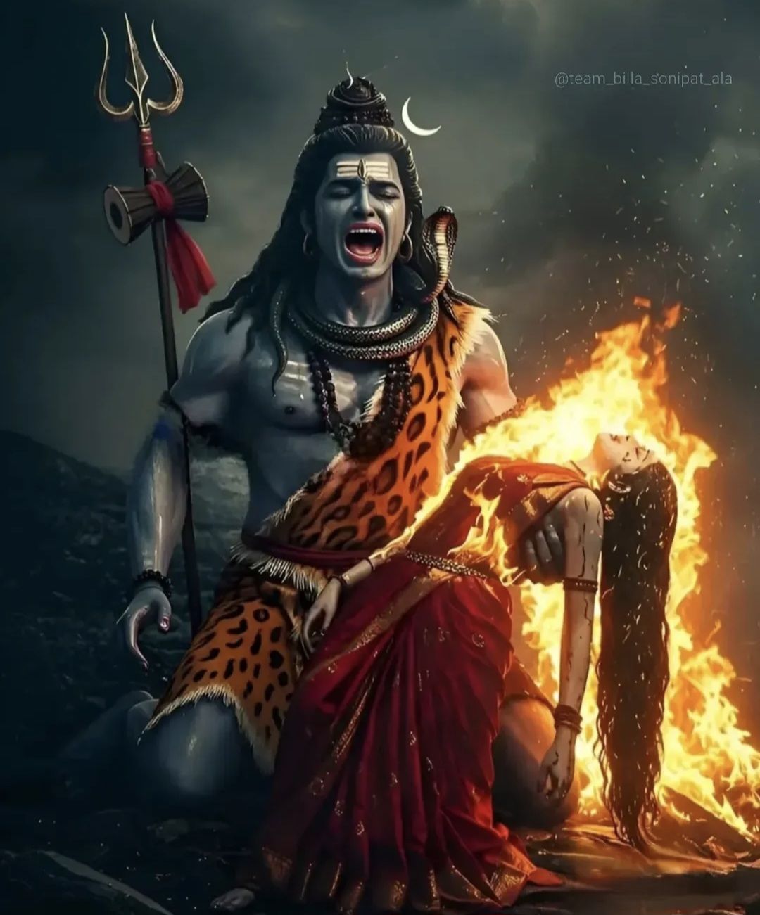 The image depicts Lord Shiva with a distressed expression, kneeling and holding fire in his hands, while Goddess Parvati is shown in the bac...